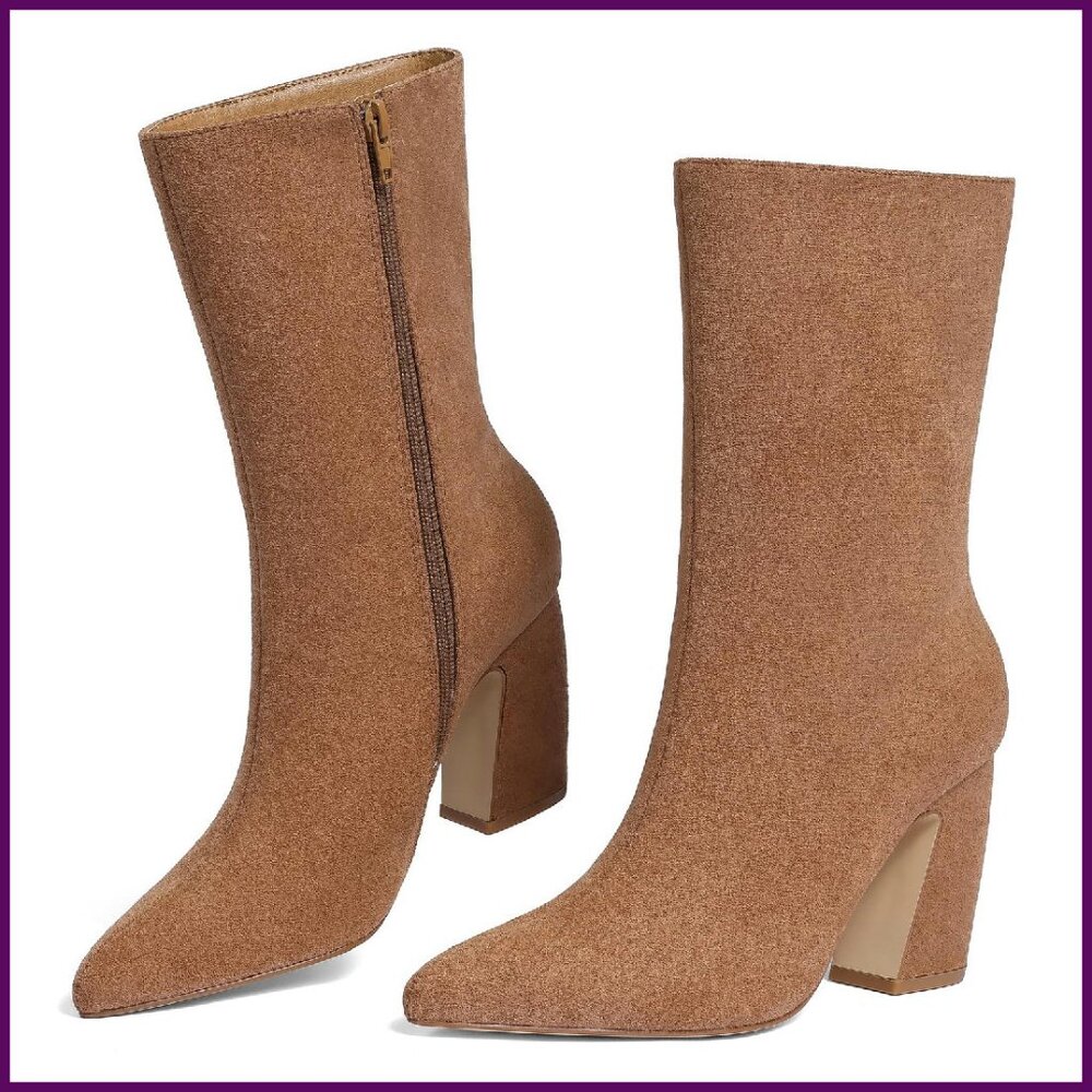 Women's Suede Ankle Boots Pointed Toe 3.35" Heel Wide Calf Winter Booties - Picture 1 of 8
